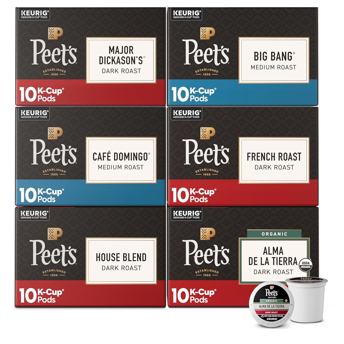 Peet's Coffee K-Cup Pods Variety Pack - 100% Arabica Coffee, 60 CT | Major Dickason's, French Roast & More
