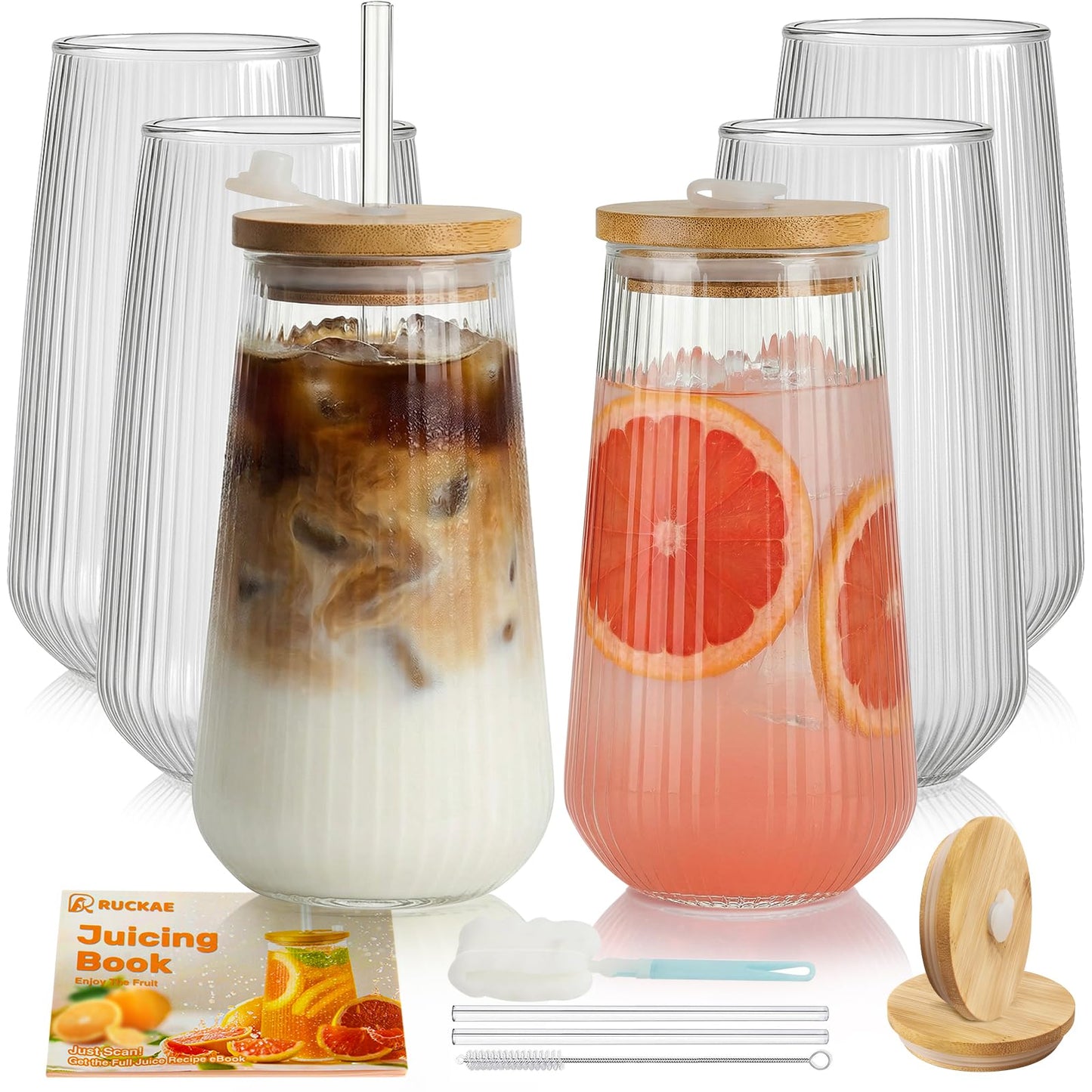 Ruckae Borosilicate Glass Cups with Lids and Straws,16oz Reusable Iced Coffee Cup with Lid Glass Cups 6 Pack for Coffee Bar Accessories,Smoothie,Juice,Durable Clear Tumbler Cups for Home,Office,Travel