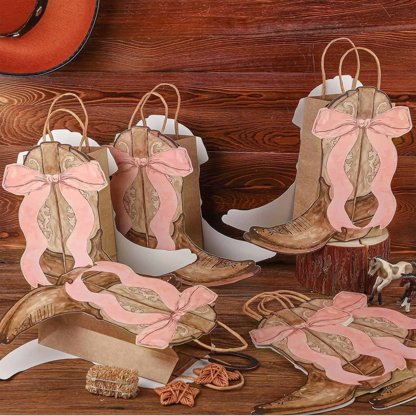 Sinload Western Gift Bags - Cowgirl Cowboy Boots Design with Pink Bow Handles | Brown Style, Perfect for Party Favors