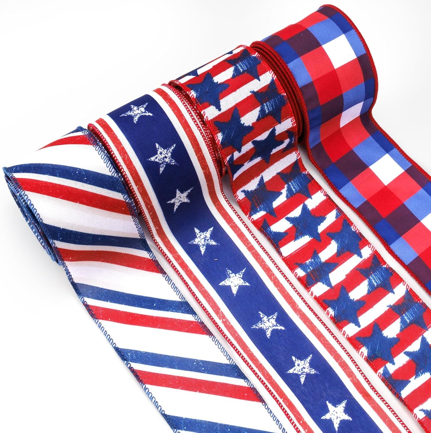 LaRibbons Patriotic Ribbon - Wired 2.5 Inch x 20 Yards | Red, White & Blue Star, Stripe & Plaid for 4th of July Decor