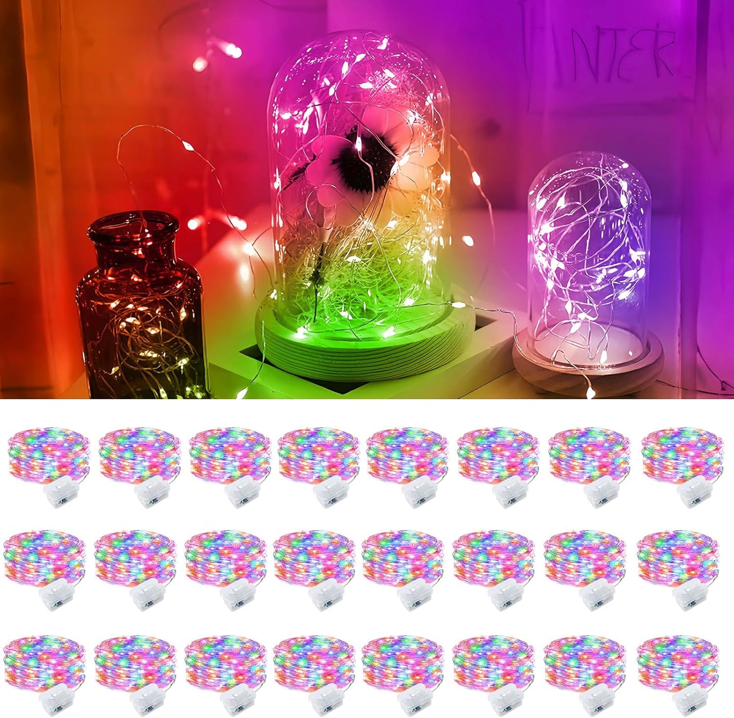 Pozzolanas 24-Pack Multi-Colored Fairy Lights - Battery Operated, 3 Modes, 7FT Waterproof String Lights for Weddings, Christmas & Parties