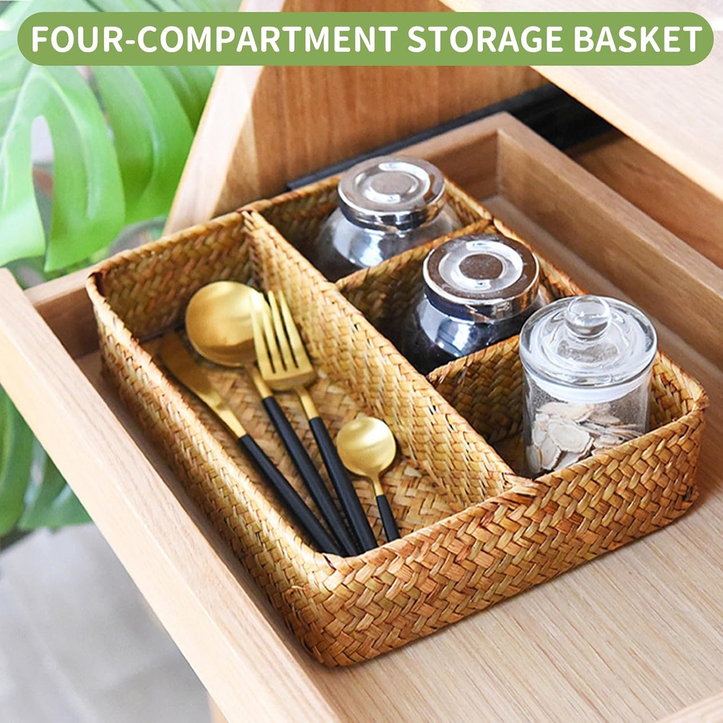 Wicker Baskets | 4-Section Tea Bag & Sugar Packet Holder - Seagrass Compartment Organizer for Home & Office