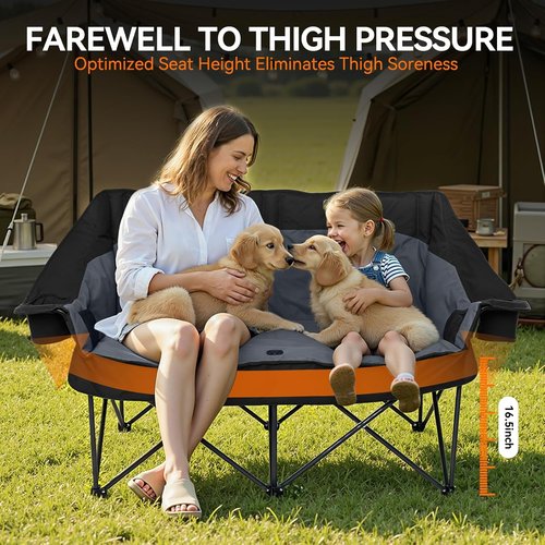 Huskfirm Oversized Double Camping Chair - Padded Folding Loveseat with Cup Holders & Side Pockets | Heavy Duty Black