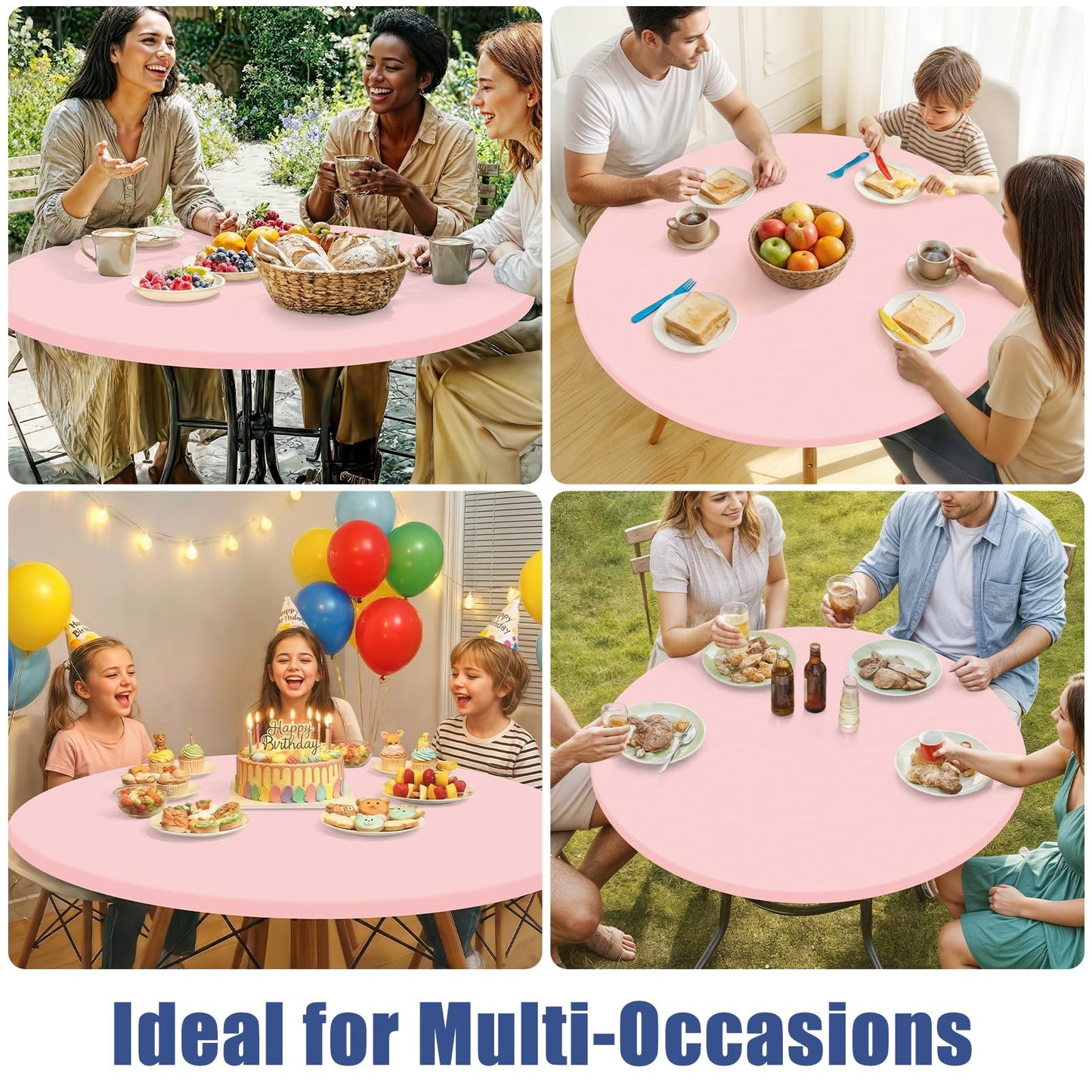 Moosfor Round Spandex Valentines Day Tablecloth, Elastic Fitted Waterproof Tablecloths for 36"-44" Tables, Stretch Washable Picnic Table Cover for Camping, Dining, Indoor and Outdoor, Pink