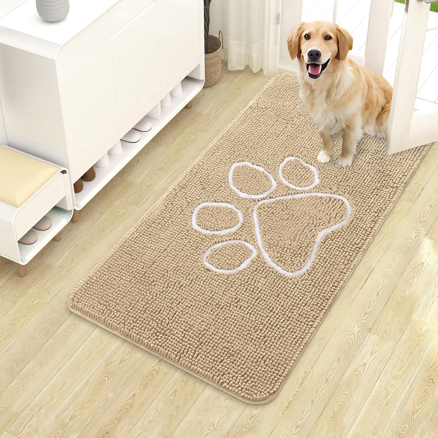 OLANLY Dog Door Mat - Absorbent Non-Slip Mud Mat for Muddy Paws | 40x24 Beige Chenille Design