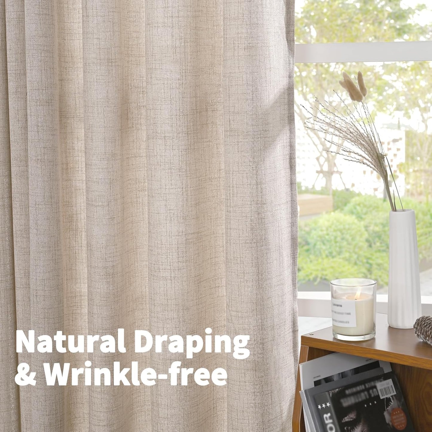 YoungsTex Natural Linen Curtains - 63 Inch Light Filtering Drapes | Beige Semi-Sheer Textured Panels (2 Pack)