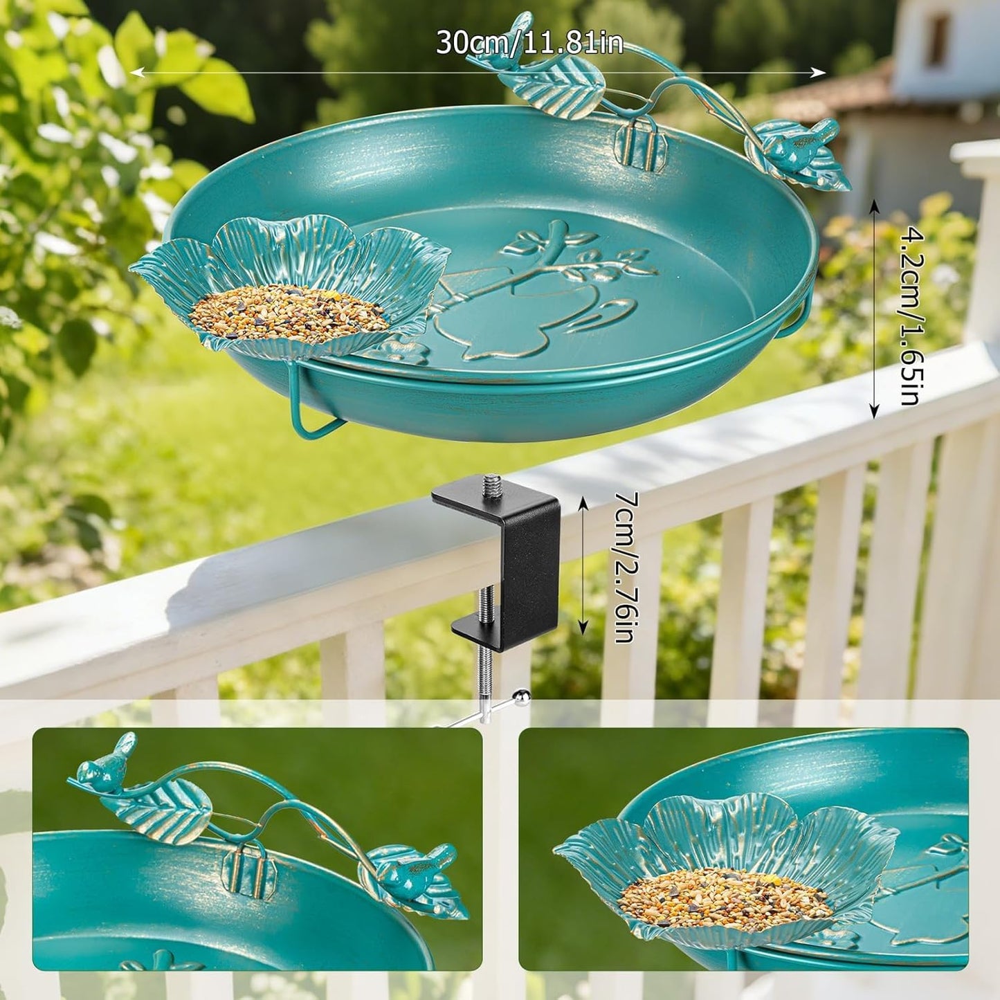 Mellbree Bird Bath - Deck Mounted 12" Metal Birdbath with Perch & Feeder Bowl | Lake Blue & Gold Gilding