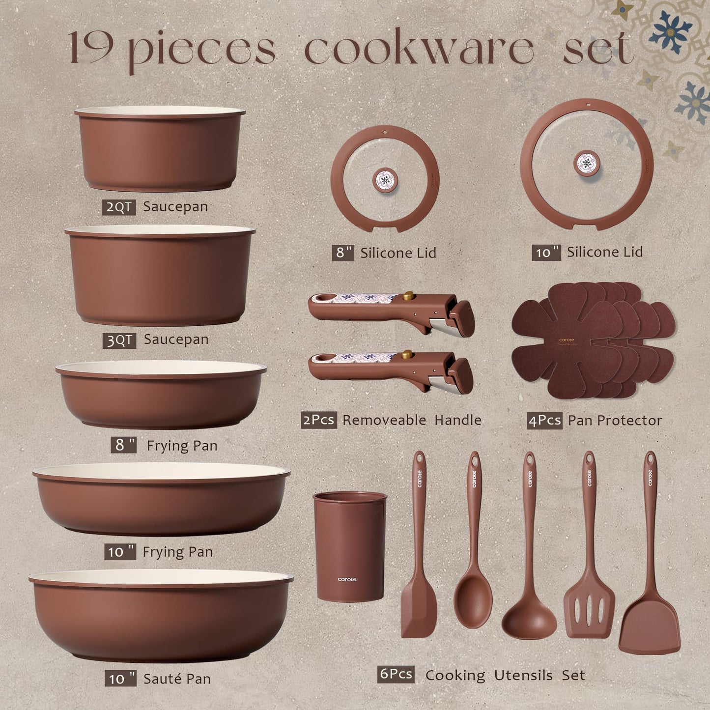 CAROTE 19Pcs Ceramic Cookware Set, Pots and Pans Set Non stick, Non Toxic Cookware Detachable Handle, Kitchen Cooking Set - Induction Cookware, Dishwasher/Oven Safe, PFAS Free, Chocolate