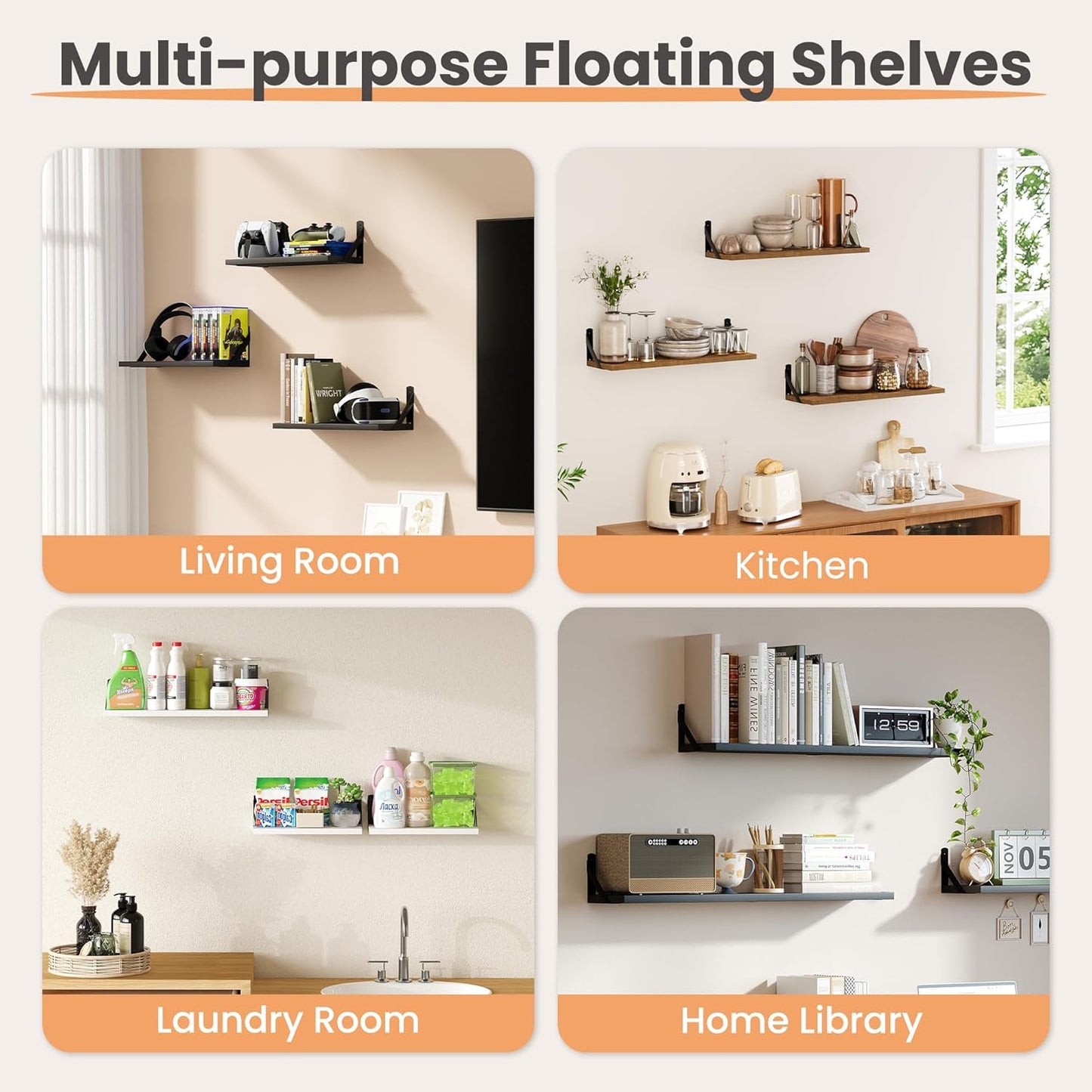 Upsimples Floating Book Shelves - 35.4 Inches Long Wall Storage for Living Room, Library, Office | Black Wood