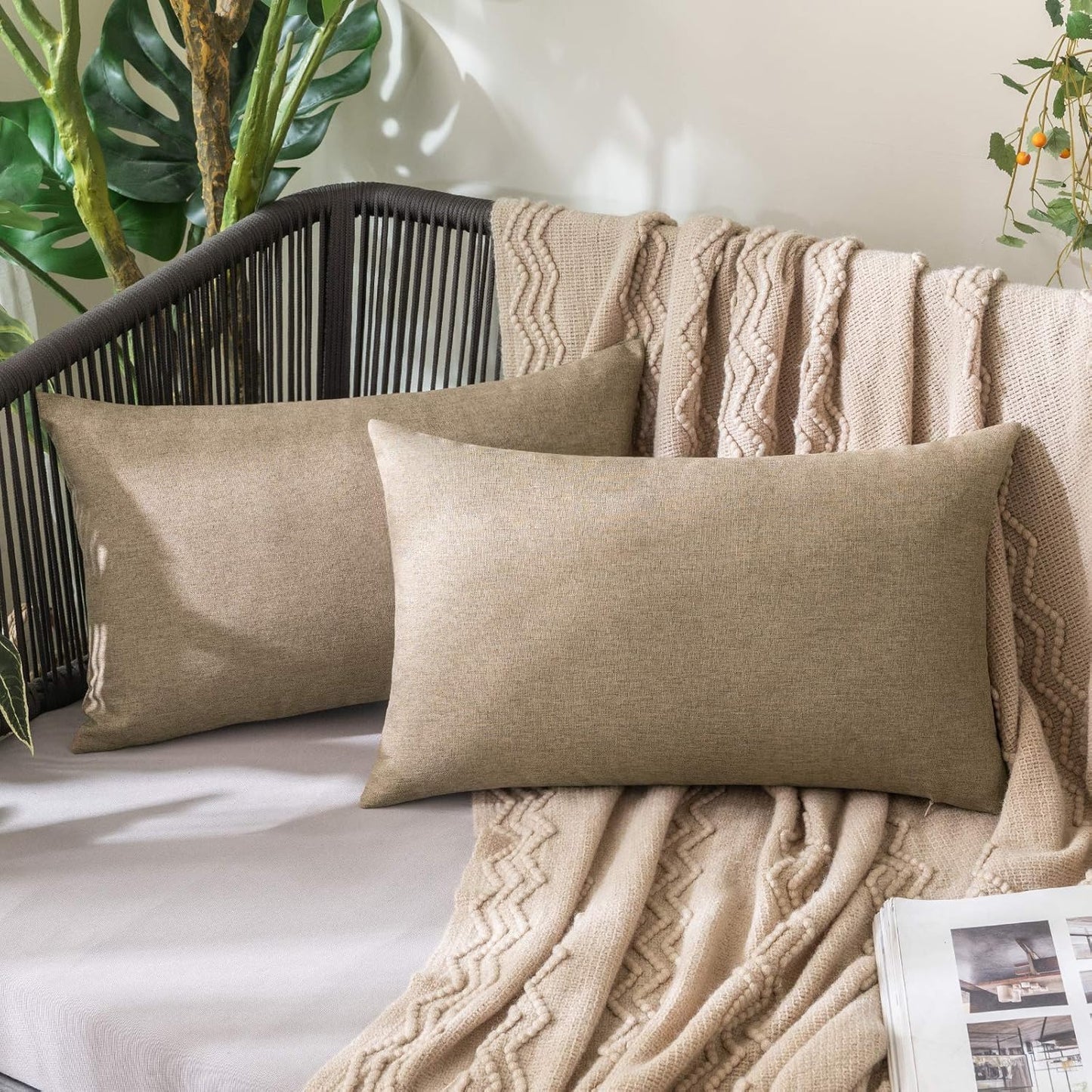 MIULEE Decorative Outdoor Throw Pillow Covers - Waterproof Faux Linen Cushion Cases | 20x12 Inch Khaki (Pack of 2)