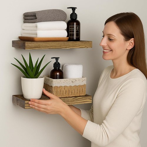 BGMG Floating Wood Shelves - Rustic Wall-Mounted Set of 2 for Bathroom, Living Room, Kitchen | 12x6.7x1.25 Inch - Walnut Color