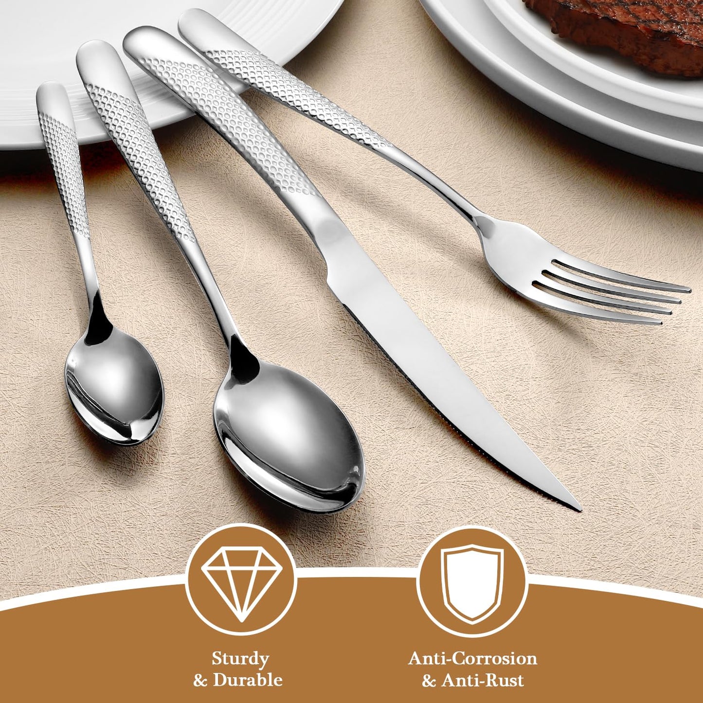 24 Piece Hammered Silverware Set for 6, Premium Food-grade Stainless Steel Flatware Set, Modern Design & Mirror Polished Cutlery Set, Eating Utensil Set Include Fork Knife Spoon Set, Dishwasher Safe