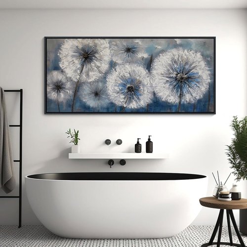 Blue Dandelion Canvas Wall Art - Large Modern White Flower Print for Living Room Decor