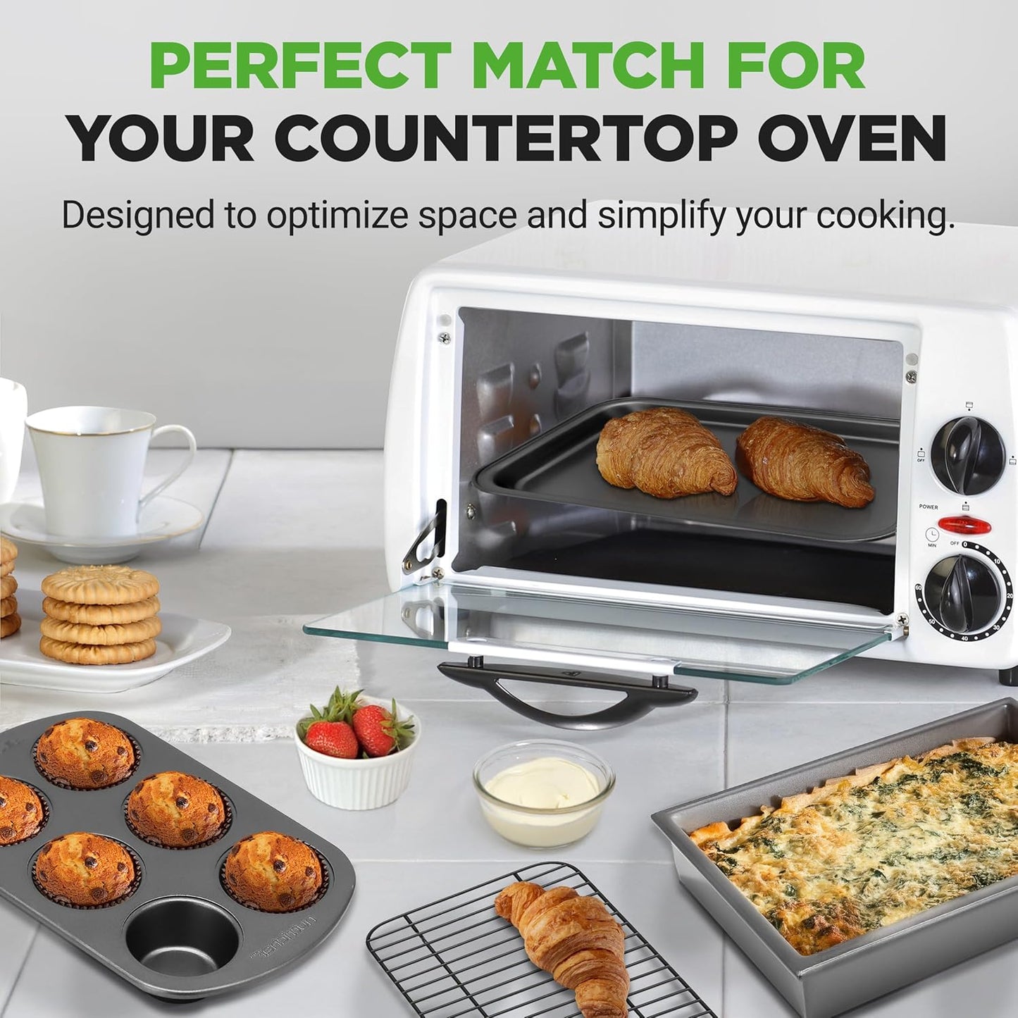 NutriChef 6-Piece Toaster Oven Bakeware Set - Non-Stick, Stackable Carbon Steel Pans & Muffin Trays
