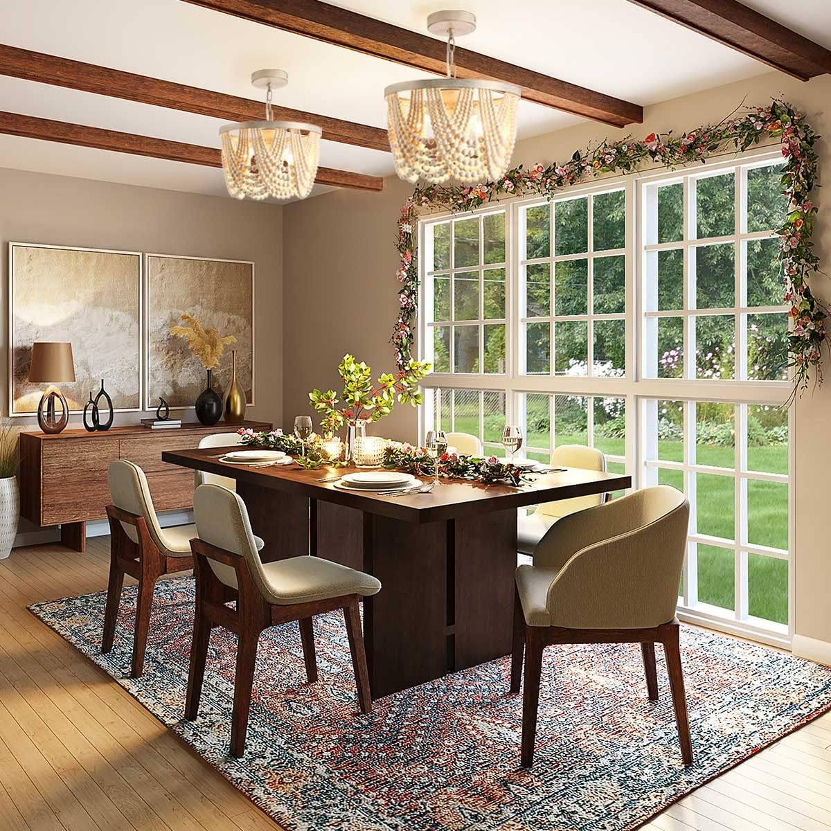 Farmhouse Boho Flush Mount Ceiling Light,3-Light Wood Bead Chandeliers,Black Metal Bohemia Hanging Pendant Lighting,Small Chandelier for Bedroom,Living Room,Entryway,Hallway
