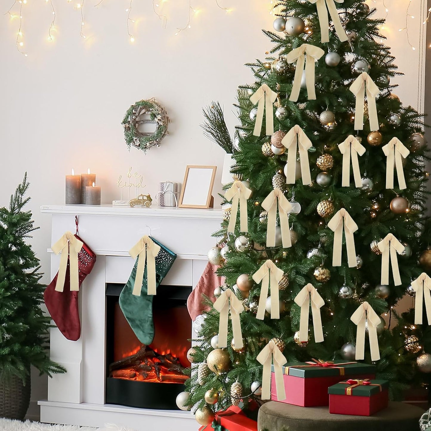 Beige Velvet Bows - 24 Pcs Christmas Tree Ornaments & Valentine's Day Decor | 5 x 7 Inch, 1 Inch Width