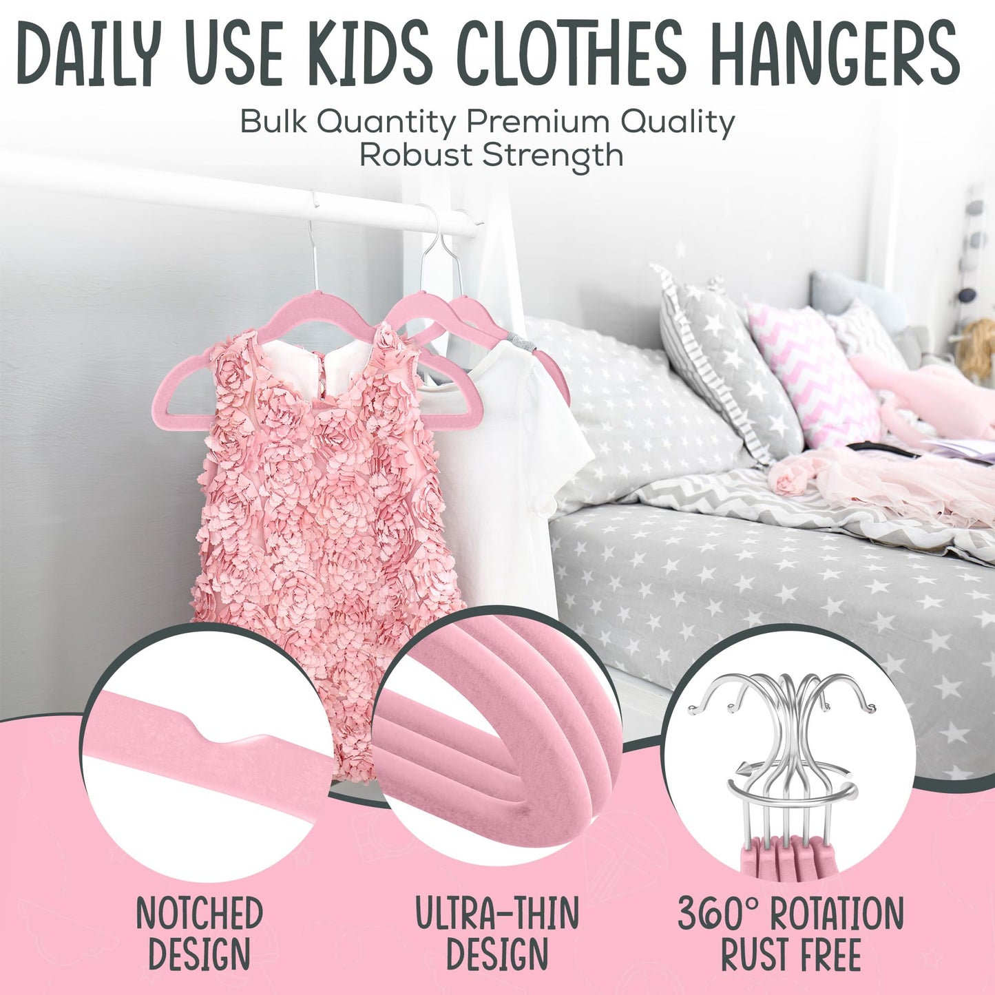 TechZoo 50 Premium Kids Velvet Hangers - 14" Non-Slip Clothes Hangers for Kids & Preteens - Ultra Slim, Space-Saving, Strong & Durable Hangers with 360° Swivel Hook - Pink