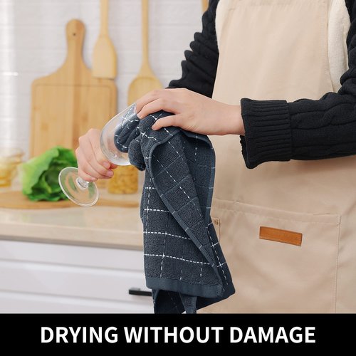 Homaxy 100% Cotton Terry Kitchen Towels(Dark Grey, 13 x 28 inches), Checkered Designed, Soft and Super Absorbent Dish Towels, 18 Pack