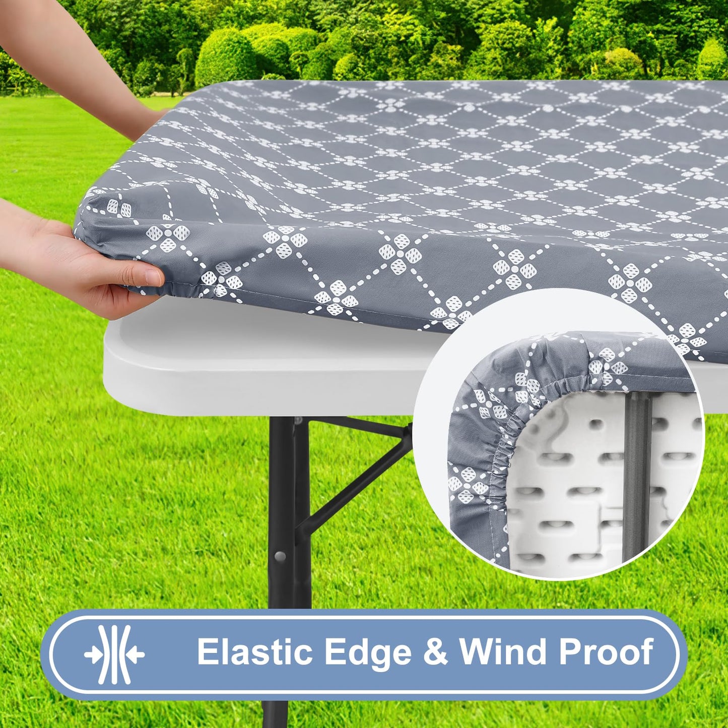 misaya Rectangle Vinyl Table Cloth, Elastic Fitted Tablecloth with Flannel Backing, Waterproof Plastic Table Cover Fits 6 Foot Folding Tables for Picnic, Camping, Indoor and Outdoor (Grey, 30" x 72")