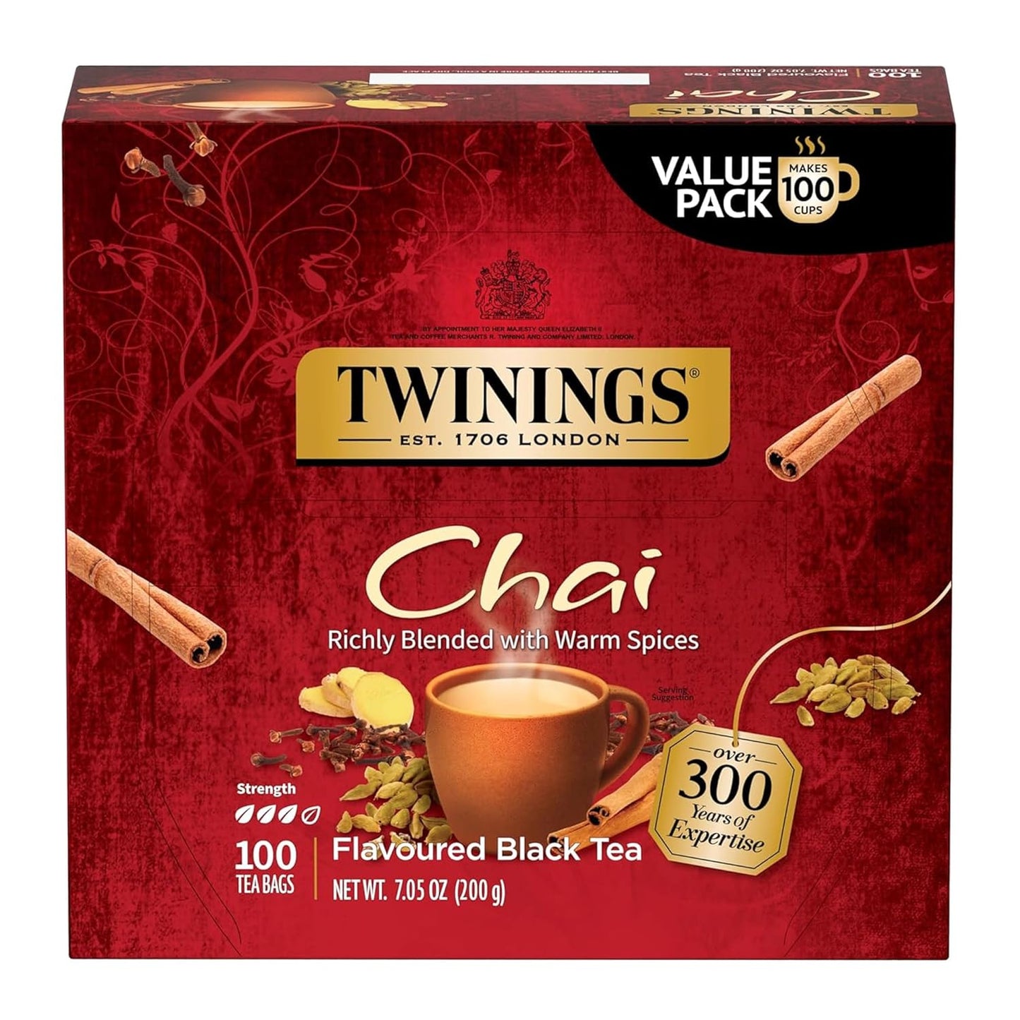 Twinings Chai Black Tea - Richly Blended with Warm Spices - 100 Individually Wrapped Teabags