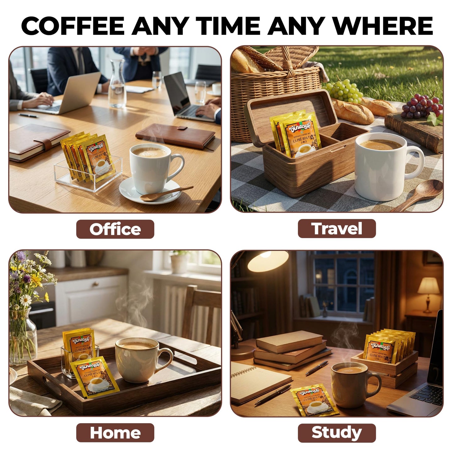 Vinacafe Instant Coffee Packets 3 in 1 Authentic Vietnamese Taste, Balanced Medium Roast Coffee Mix for Quick Preparation at Home, Office or Travel, Single Serve Sachets (Pack of 4 | 20 Sachets Per Bag)