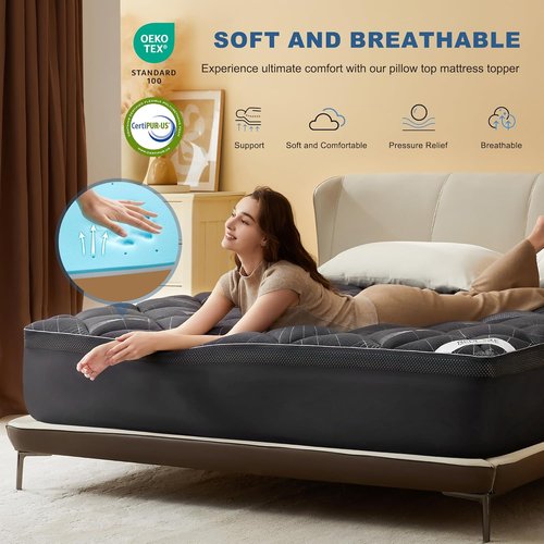 Bedlore Queen Mattress Topper - 4-Inch Dual Layer Gel Memory Foam & Cooling Pillow Top for Back Pain Relief | Breathable Gray
