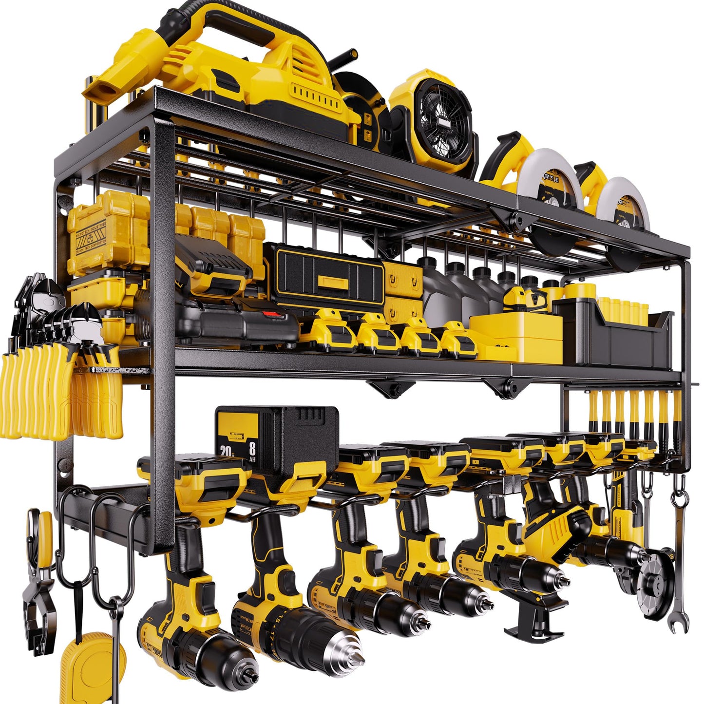 Amoowis Heavy Duty Power Tool Organizer for Wall Mount Garage Storage – 320 lbs Capacity, 3-Tier Iron Wire Rack with 8 Drill Slots, Shelf for Battery Charging Station – Gift for Fathers Day Handyman