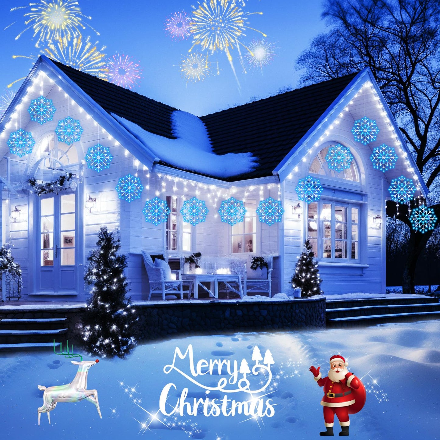 Brightown Christmas Snowflake Icicle Lights Outdoor - Plug-in 23.6ft 10 Drops 480LED Snowflake Window Lights for Indoor Outdoor Porch Eaves Rooftops Canopy Christmas Decoration, Blue and White