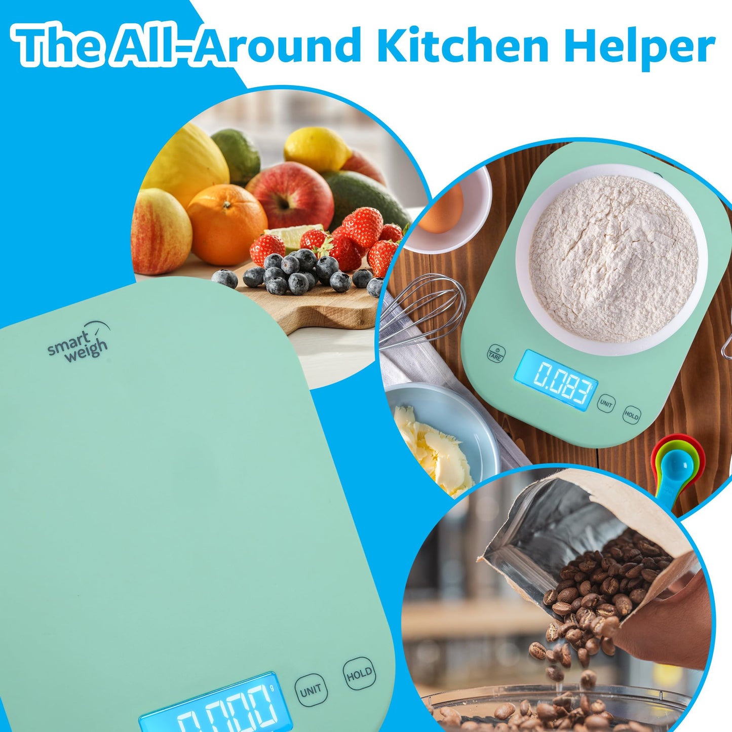 Smart Weigh Mint Green Digital Kitchen Scale for Cooking, Weight Loss, Calorie Tracking, Baking, Food Portion Control, and Meal Prep - Accurate Measurements in Grams and Ounces