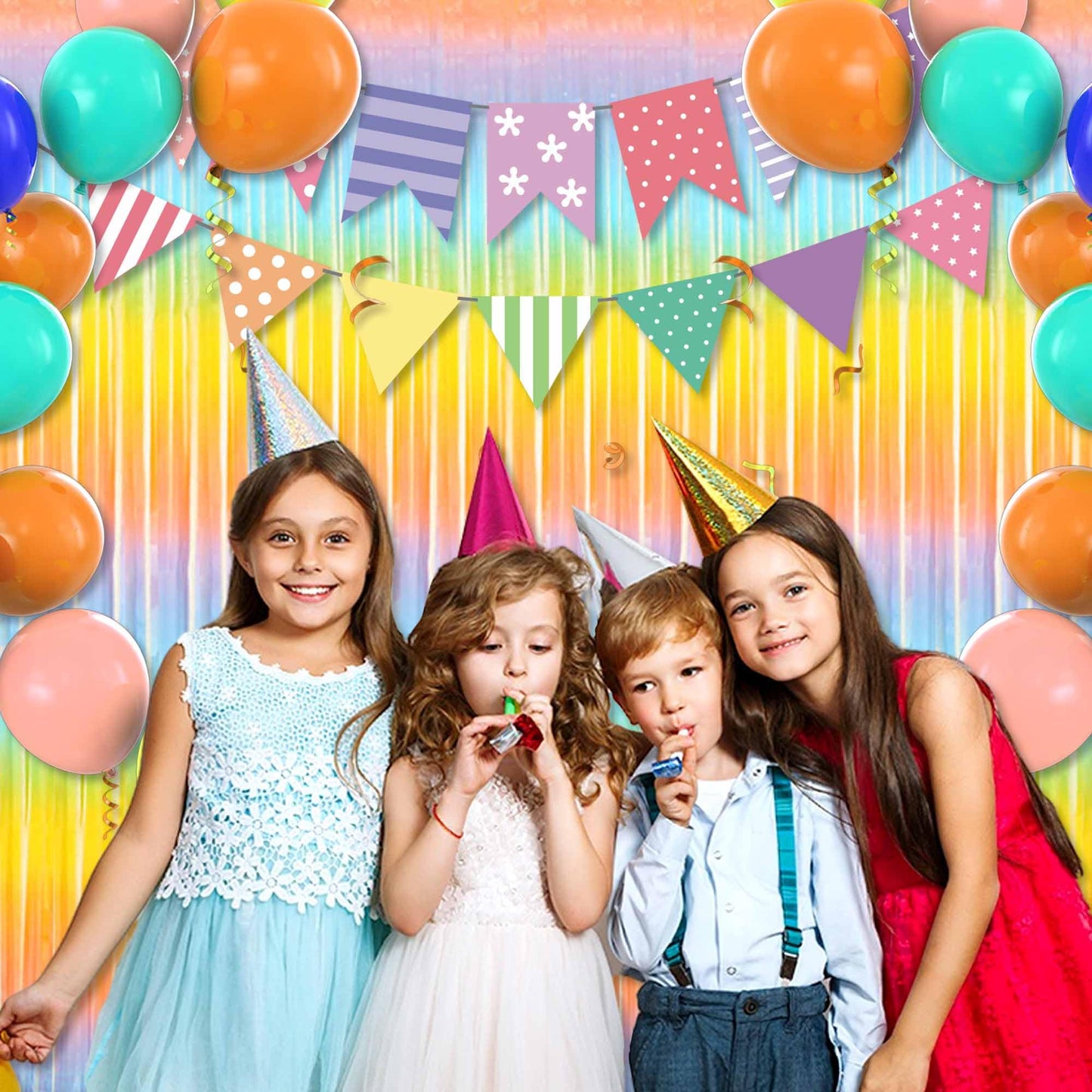 6 Pack Light Rainbow Foil Fringe Curtains Backdrop, 3.28 x 8.2 Ft Metallic Streamers Tinsel Curtains Background for Photo Booth, Birthday, Christmas, Halloween, New Year Party Decorations