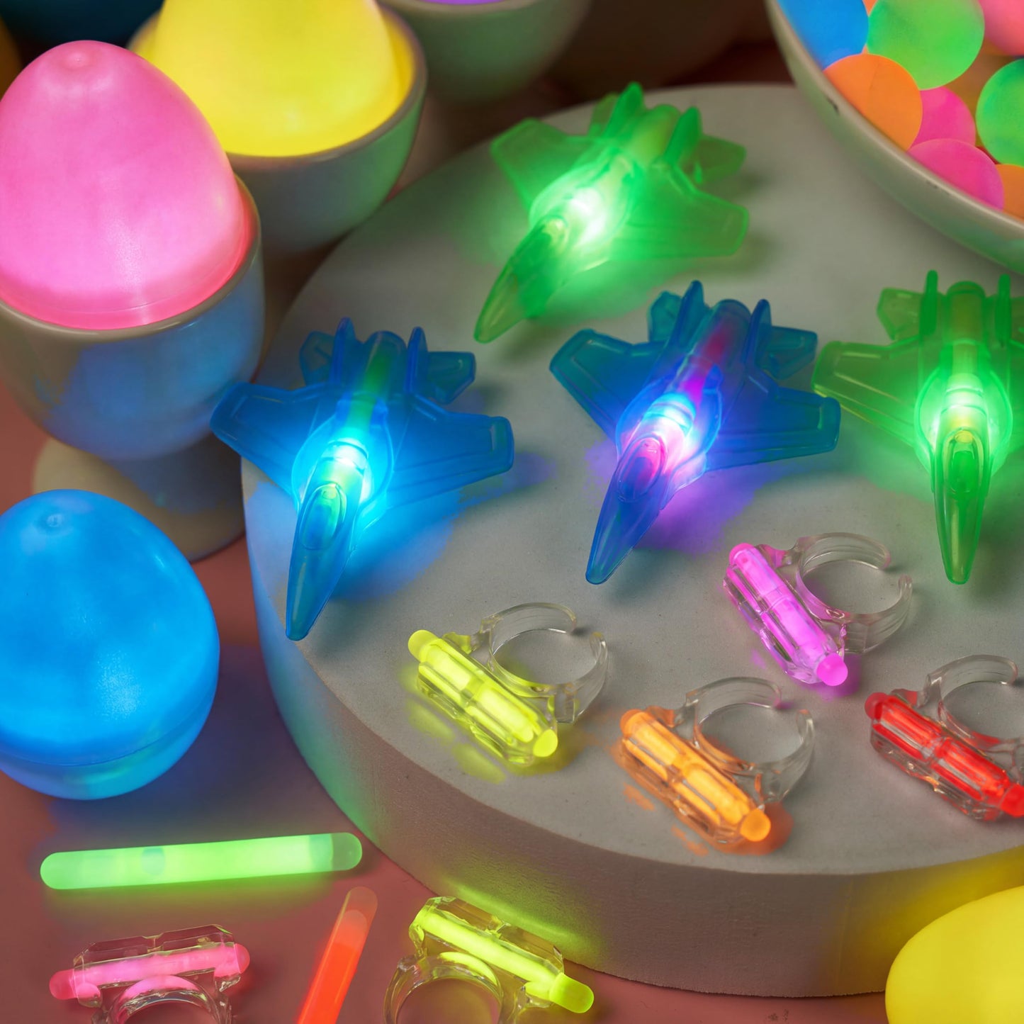 JOYIN 80 Pcs Easter Eggs with Glow Toys, 20 Mini Glow Sticks, 20 Rings, 20 Airplanes, 20 Balls, Glow-In-The-Dark Basket Stuffers for Kids, Filled Easter Egg Hunt, Class Prizes, Party Favors Supplies
