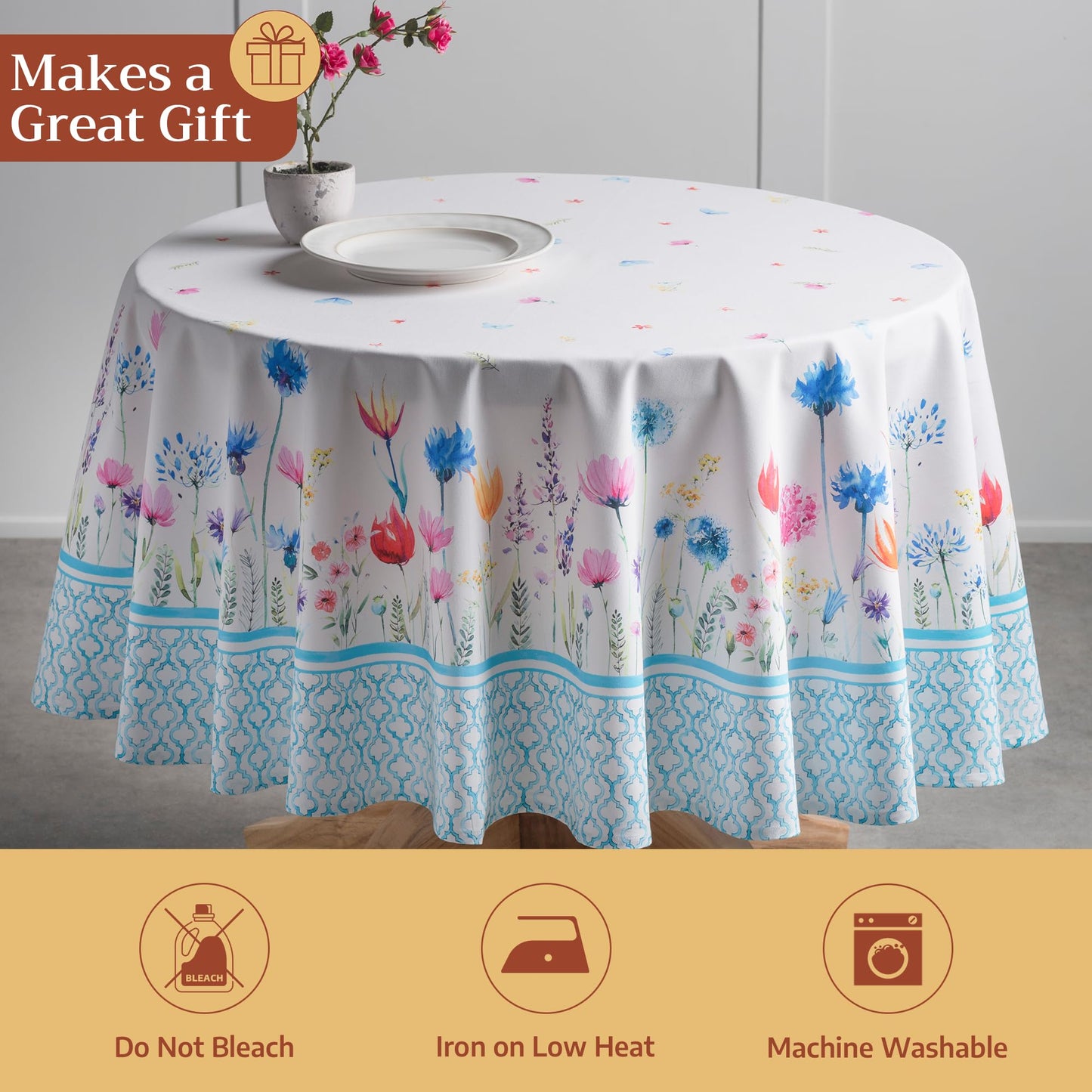 Maison d' Hermine Table Cloth Round Table 100% Cotton 63 Round Inches Tablecloth Reusable Decorative for Dining Kitchen Room Farmhouse Home Gifts for Mothers Day Spring Summer - Flower in The Field