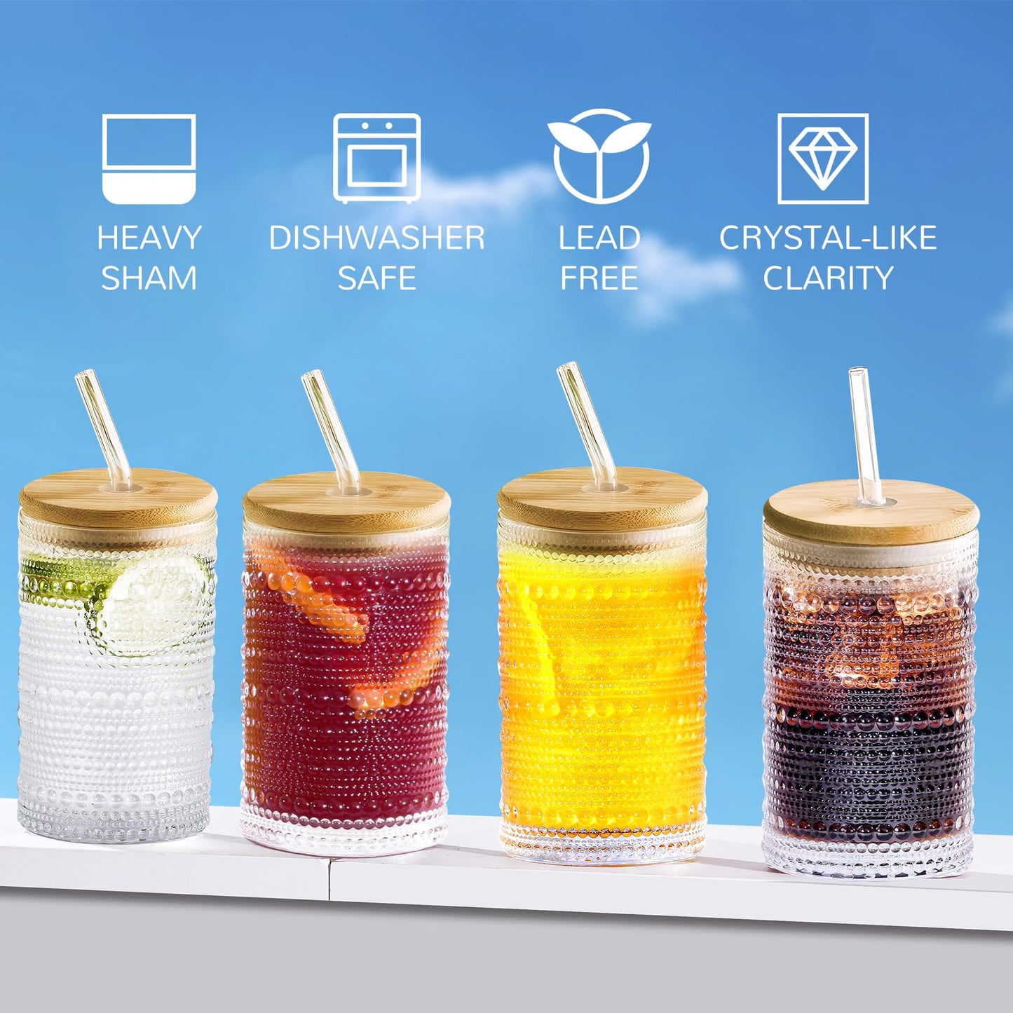 Hobnail Drinking Glasses with Bamboo Lids and Glass Straw 4Pcs Set - 14oz Vintage Glass Cups, Water Glasses, Iced Coffee Glasses, Cute Tumbler Cup, Ideal for Cocktail, Whiskey, Gift - Cleaning Brushes