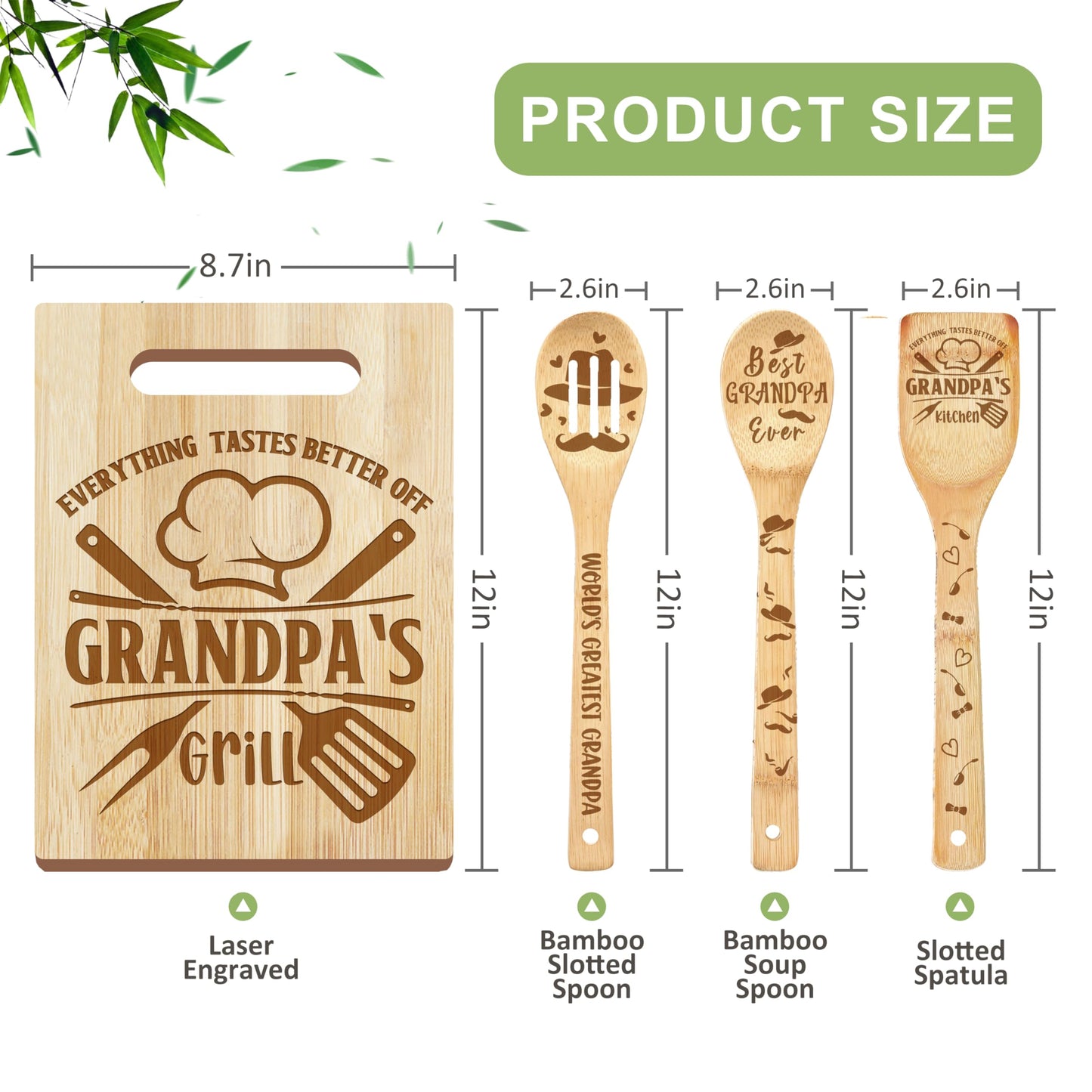 Grandpa Gifts, Christmas Grandpa Gifts from Grandkids, Grandpa Birthday Gift Wooden Cutting Board Utensils Set with Apron, Great Grandpa Grandparents Day Fathers Day Kitchen Gift