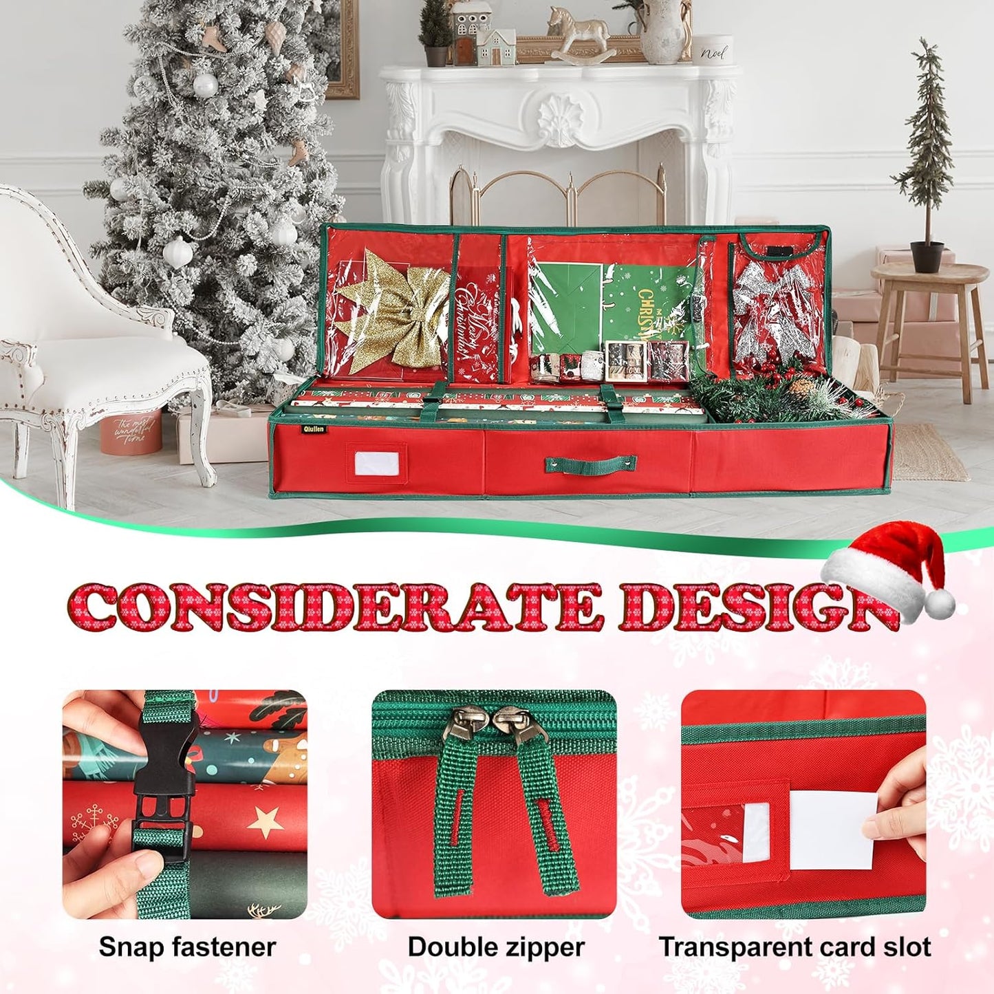 Skiennix Gift Wrap Organizer - Sturdy 600D Oxford Fabric Christmas Wrapping Paper Storage Bag | Large Red Capacity
