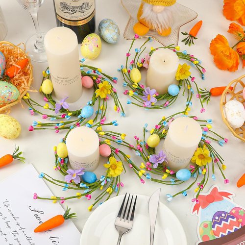 Jansun Easter Candle Rings - 4 Pcs Mini Wreaths with Pink & Blue Eggs for Table Decor | Spring Centerpieces