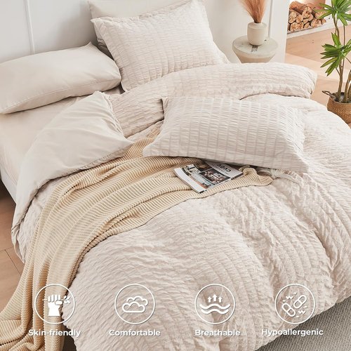 HYMOKEGE Queen Comforter Set - Beige Oversized 7-Piece Seersucker Luxury Bedding | All-Season Comfort