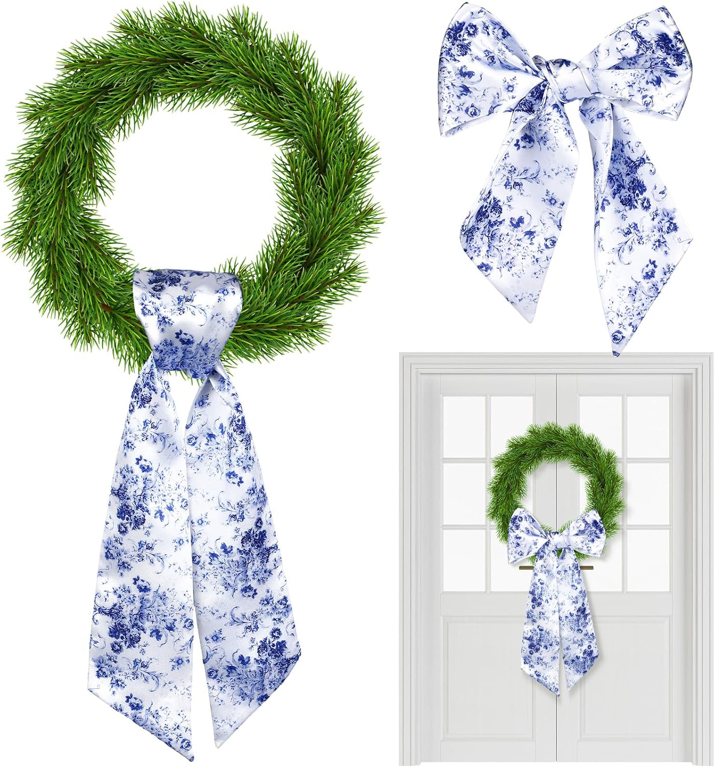 Skiennix Wreath Sash Set - Reversible Chinoiserie Decor for Monogram Garland | Indoor/Outdoor Use