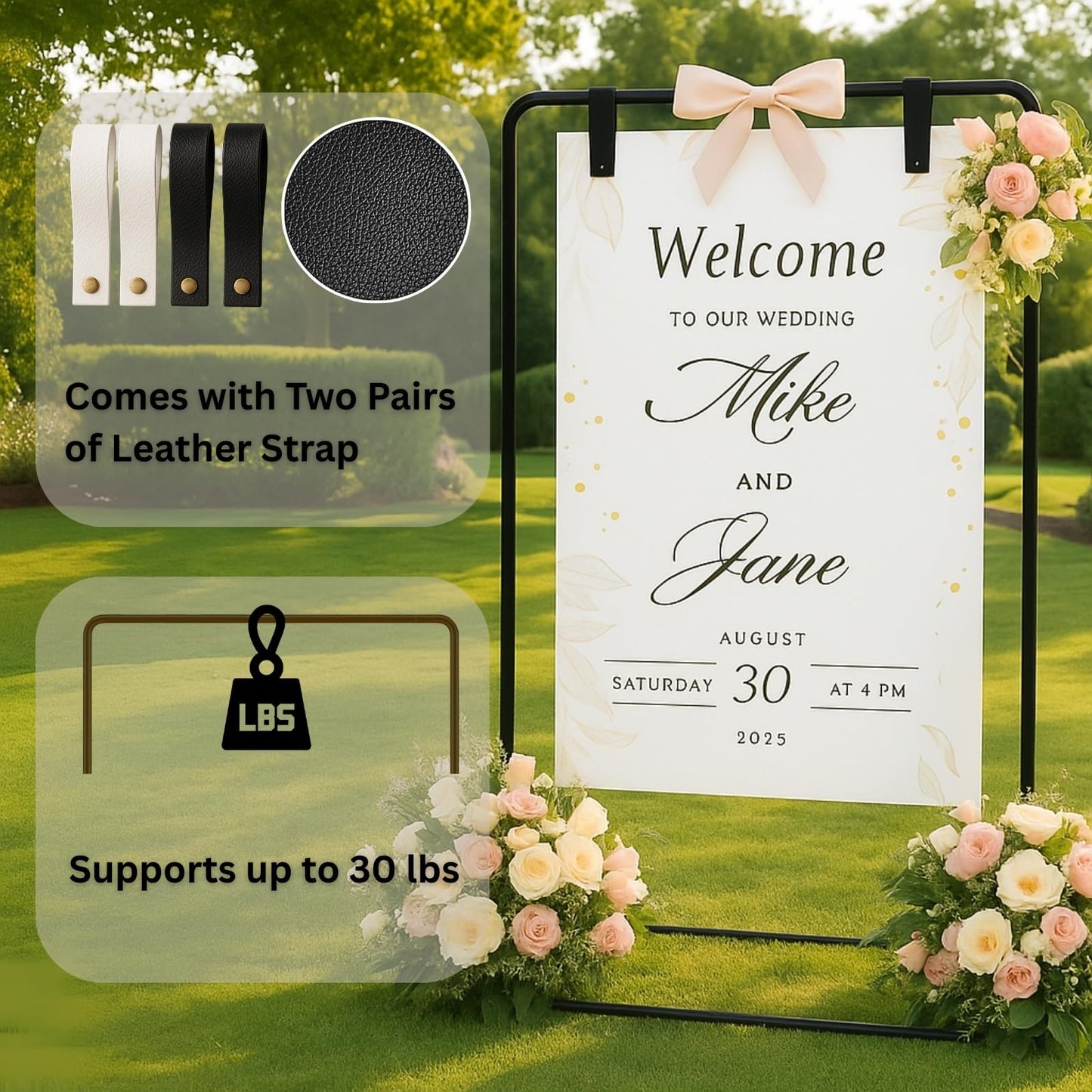 Merrifete Welcome Sign Stand, Adjustable Sign Holder Stand w/ Poster Design Templates & Leather Straps, Heavy Duty Metal Easel for Wedding, Bridal Shower, Birthday Party, Baby Shower, 68" x 30" x 20"
