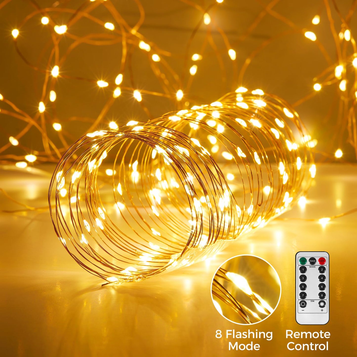 Ariceleo 1 Pack 65. 6 ft. USB Powered Fairy Lights with Remote & Timer, 100 LED USB Twinkle String Lights - Silver Wire, 8 Modes, Waterproof, Warm White Starry Lights for Party, Wedding, Christmas