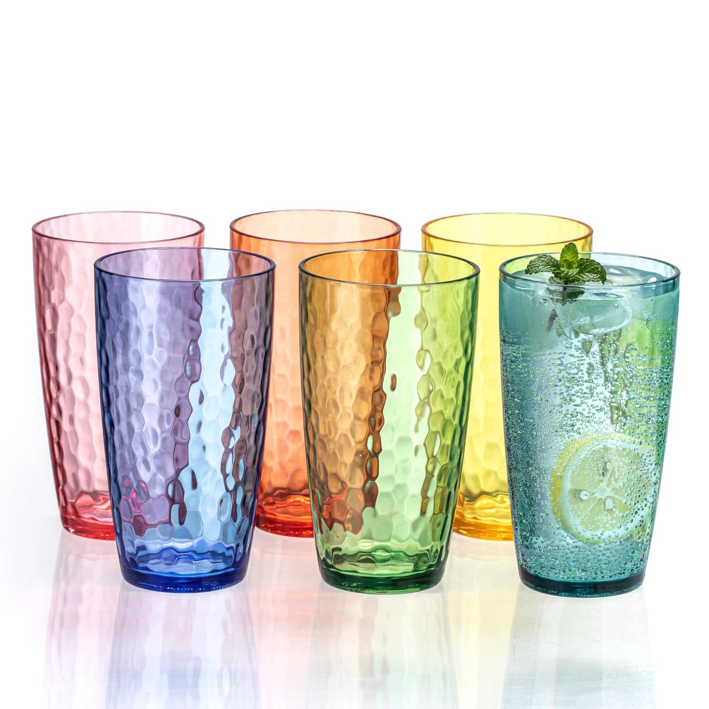 MIYOPESI 20oz Coloful Acrylic Glasses Drinkware (Set of 6), Hammered Design Shatter-Proof Plastic Cups, Reusable Plastic Large Drinking Tumblers, Stackable, BPA-Free, Dishwasher-Safe