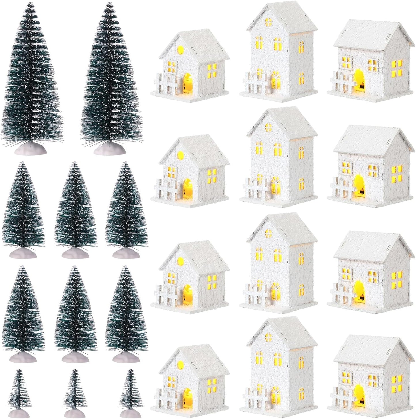 Kajaia Christmas Winter Village Set - 12 Houses with LED Lights & Trees | Cute White Figurines