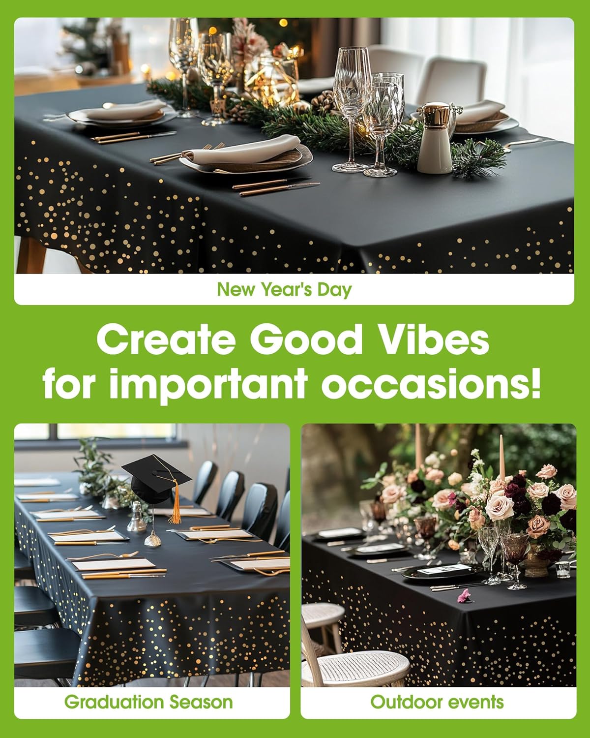 Pureegg Disposable Plastic Tablecloths - 10 Pack, 54 x 108 Inch, Leakproof & Sturdy for Graduation Decor | Black & Gold