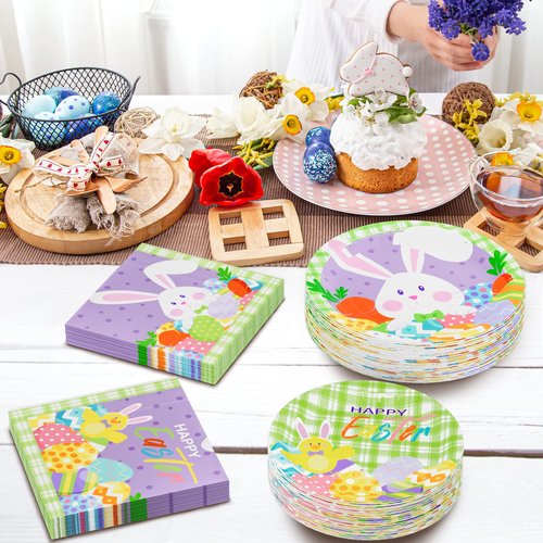 DYLIVeS Easter Party Plates Napkins, 150 Pcs Set 9" Paper Dinner Plates, 7" Dessert Plate, 6.5" Luncheon Napkins Bunny Colorful Eggs Disposable Tableware Set Kids Easter Party Decorations Serves 50