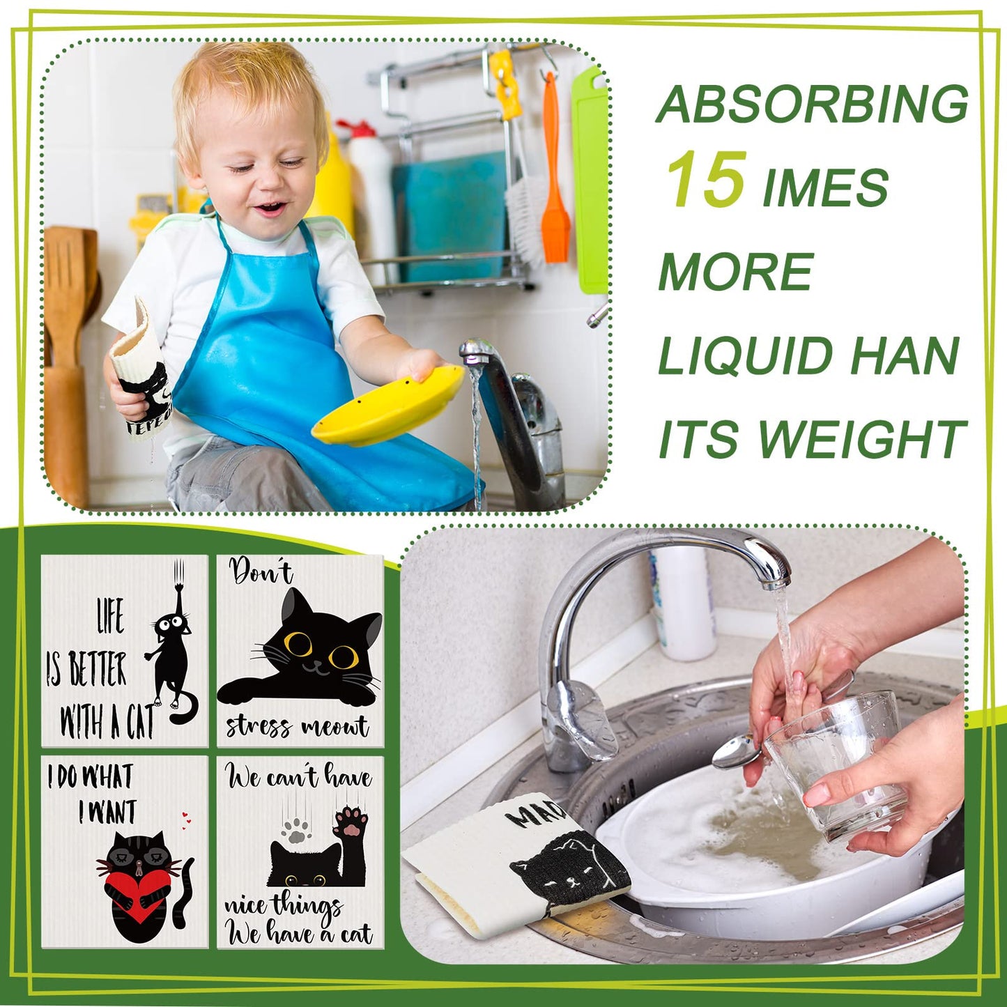 Funtery 8 Pcs Black Cat Swedish Kitchen Dishcloths Reusable Swedish Absorbent Sponge Cloths Washable Kitchen Dish Towel Quick Drying Decorative for Animal Lover Gifts for Women Hand Towel