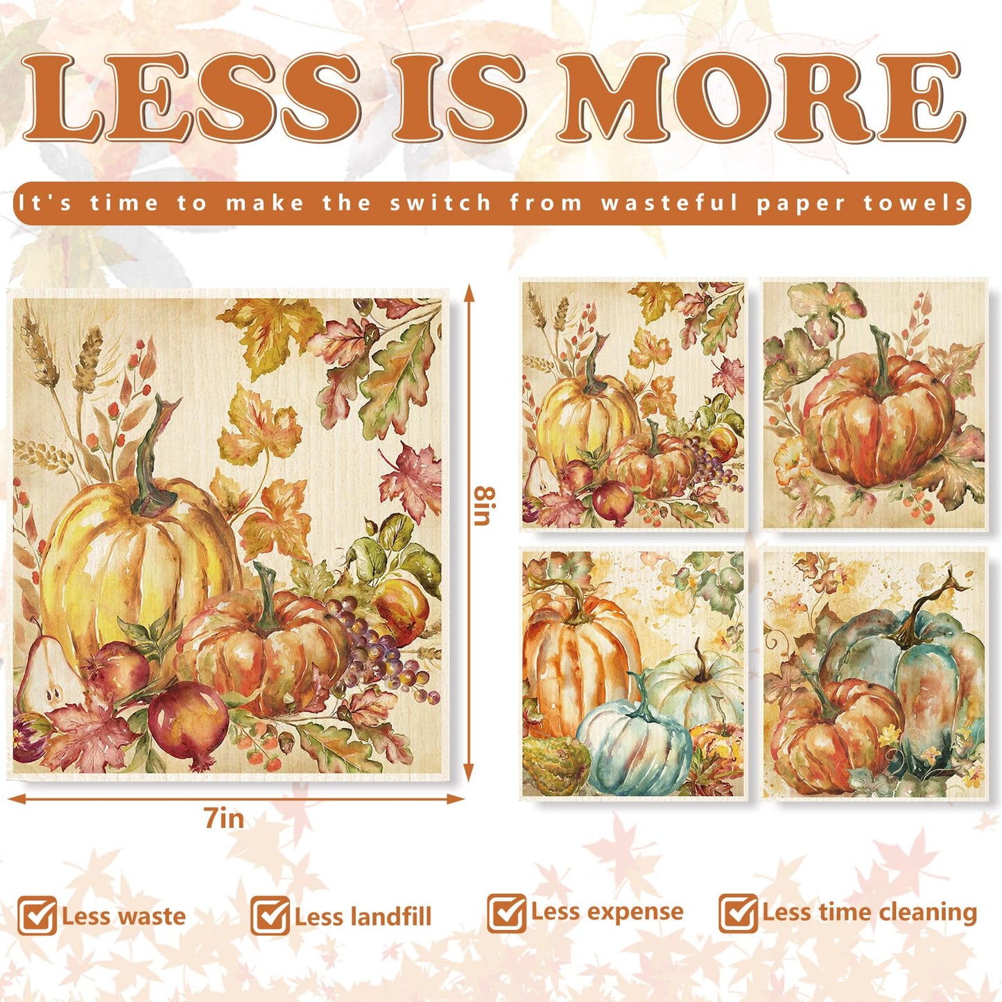 JarThenaAMCS 4Pcs Fall Swedish Kitchen Dishcloth Watercolor Pumpkin Cotton Kitchen Towel Absorbent Dish Towel for Autumn Thanksgiving Home Party Housewarming Cleaning, 7 x 8 Inch