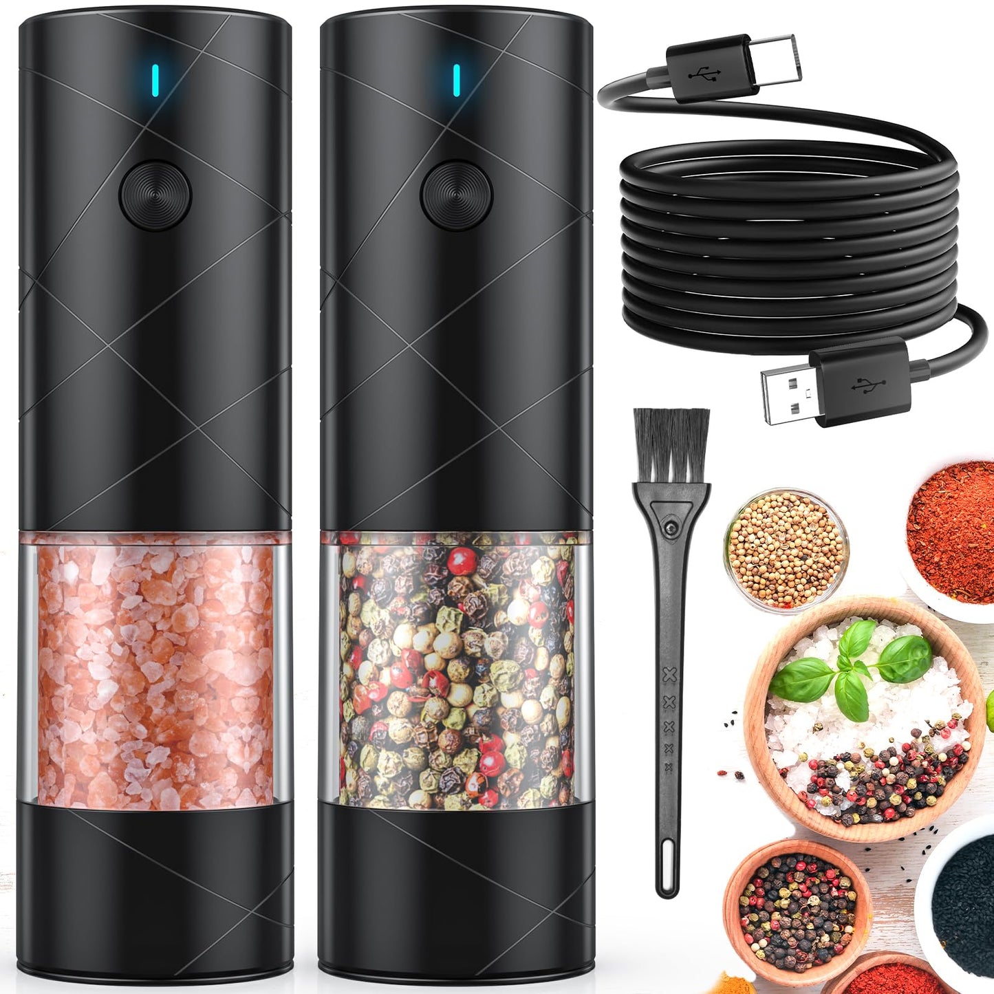 2Pack Electric Salt and Pepper Grinder Set USB Rechargeable with Warm LED Light, Adjustable Coarseness Lidaop Large Capacity Automatic Salt Pepper Mill Shakers for Kitchen, Restaurant, Outdoor, Black
