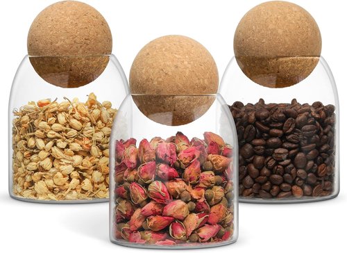 ComSaf 16oz Clear Decorative Glass Jars - 3 Pack with Cork Ball Lid for Stylish Kitchen & Bathroom Storage
