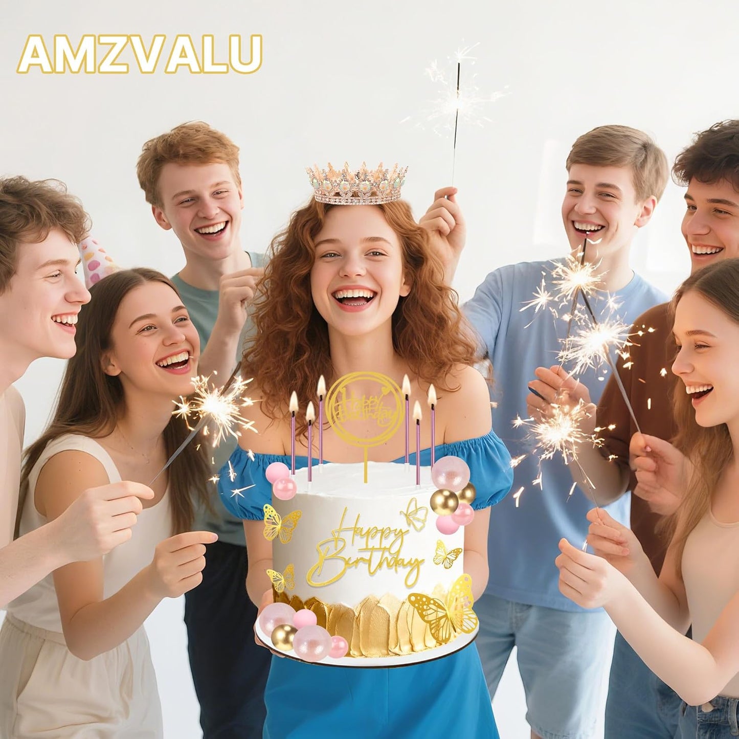 AMZVALU Crown Cake Topper Set - 3 Happy Birthday Decorations with Rose Gold Butterflies & Candles