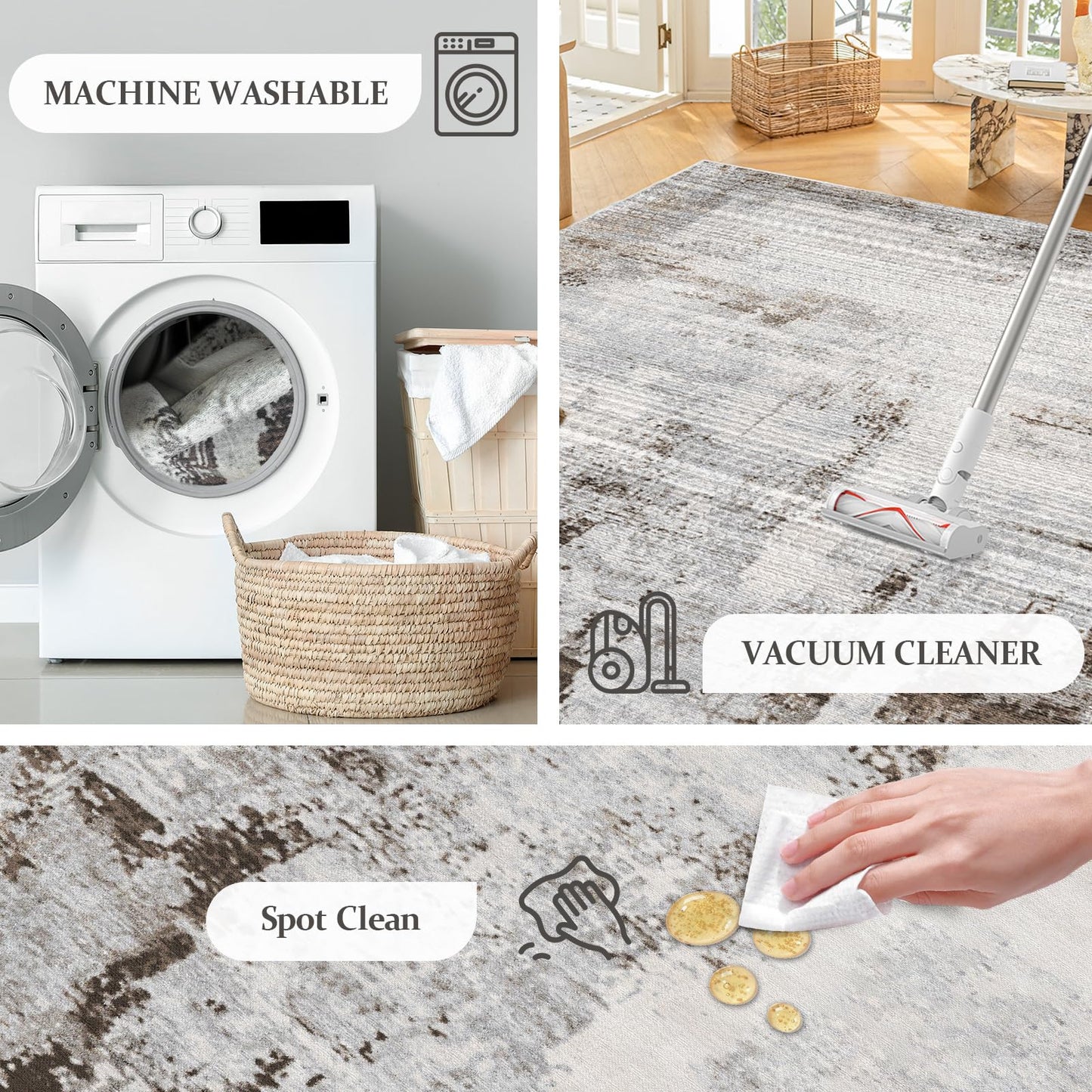 OMERAI Washable Rug 5'x7' Abstract Machine Washable Rugs Ultra-Thin Area Rugs for Living Room Non Slip Stain Resistant Modern Carpet for Bedroom Dining Room Office Kitchen Brown Rug Washable